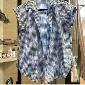 Blue and White Checkered Button-Up Shirt Ann Taylor loft size medium